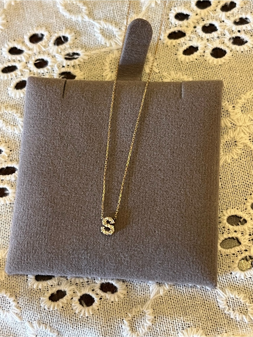 14 k yellow gold diamond pave initial S necklace